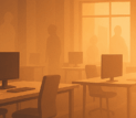 Abstract digital illustration of a modern office with empty desks and translucent silhouettes fading into the background, with warm light symbolizing hope.