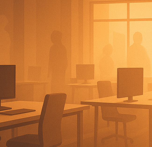Abstract digital illustration of a modern office with empty desks and translucent silhouettes fading into the background, with warm light symbolizing hope.